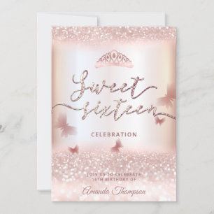 Ro guld-glittery butterfly tiara calligraphy in inbjudningar