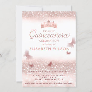 Ro guld glittery tiara calligraphy Quinceañera Inbjudningar