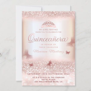 Ro guld glittery tiara calligraphy Quinceañera Inbjudningar