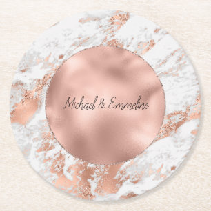 Ro Guld Glitz White Marble Bröllop Underlägg Papper Rund