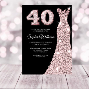 Ro guld Gnistra Dress 40:e födelsedagen Party Blac Inbjudningar