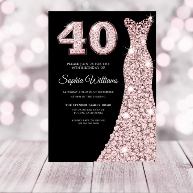 Ro guld Gnistra Dress 40:e födelsedagen Party Blac Inbjudningar (Skapare uppladdad)