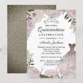 Ro Guld Gnistra Dress Blommigt Quinceanera Inbjudningar