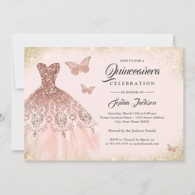 Ro Guld Gnistra Dress Butterfly Quinceanera Invi Inbjudningar (Framsida)