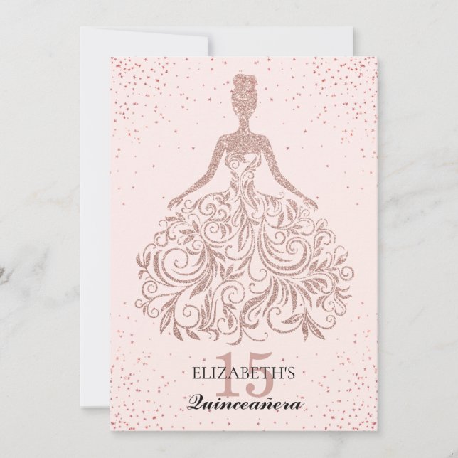 Ro Guld Gnistra Dress Quinceañera Glitter Rosa Inbjudningar (Framsida)