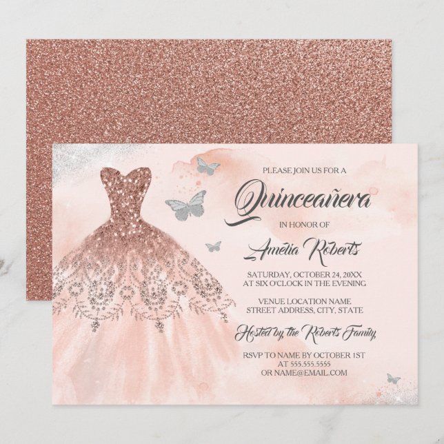 Ro Guld Gnistra Dress Watercolor Quinceanera Inbjudningar (Fram/baksida)