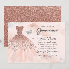 Ro Guld Gnistra Dress Watercolor Quinceanera Inbjudningar