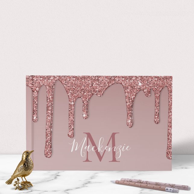 Ro Guld Gnistra Glam Glitter driver Monogram Gästböcker (Rose Gold Sparkle Glam Glitter Drips Monogram Guest Book)