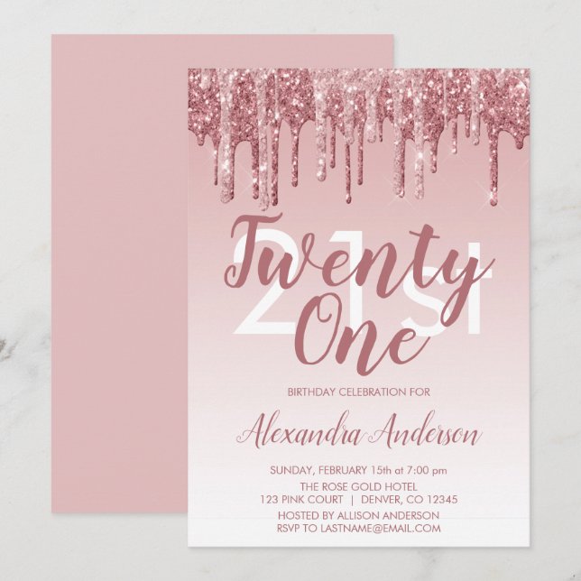 Ro Guld Gnistra Glitter 21:a födelsedag Party Inbjudningar (Fram/baksida)