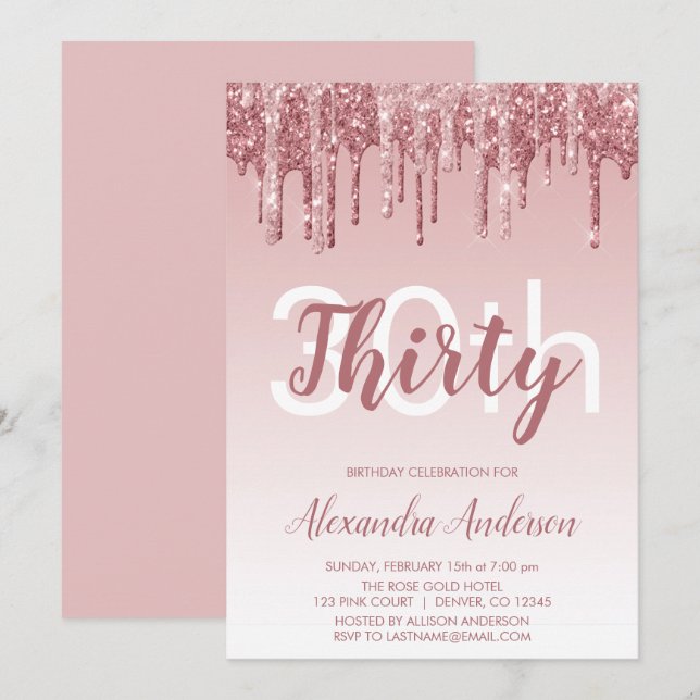 Ro Guld Gnistra Glitter 30års födelsedag Party Inbjudningar (Fram/baksida)
