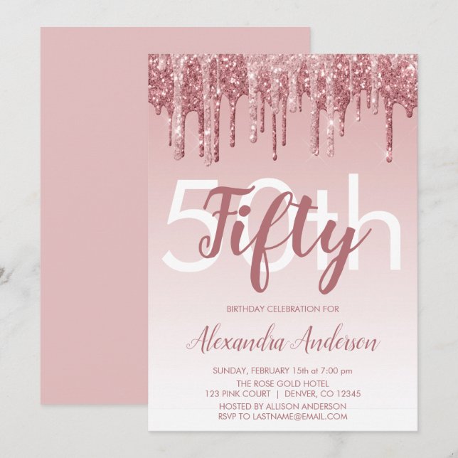 Ro Guld Gnistra Glitter 50:e Födelsedagsfesten Inbjudningar (Fram/baksida)