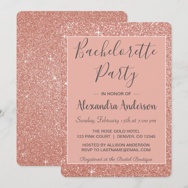 Ro Guld Gnistra Glitter Bachelorette Party Inbjudningar (Fram/baksida)