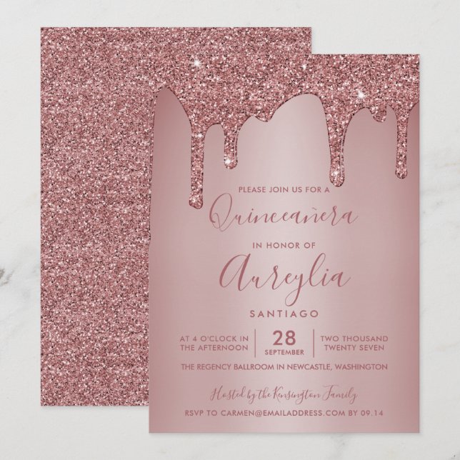 Ro Guld Gnistra Glitter Drips Quinceañera Quinceañ Inbjudningar (Fram/baksida)