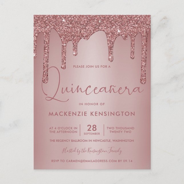 Ro Guld Gnistra Glitter Drips Quinceañera Quinceañ Vykort (Framsida)