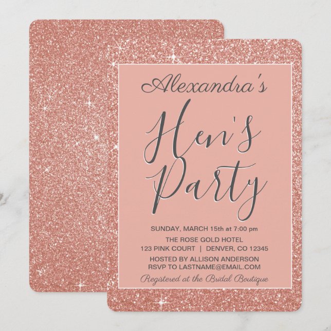 Ro Guld Gnistra Glitter Hens Party Inbjudningar (Fram/baksida)