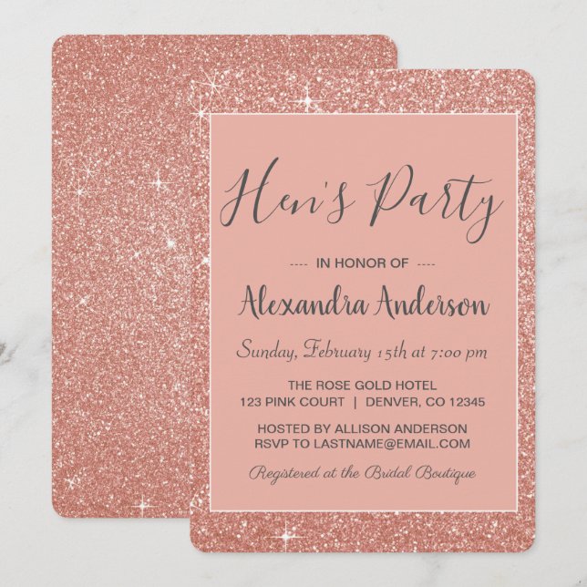 Ro Guld Gnistra Glitter Hens Party Inbjudningar (Fram/baksida)