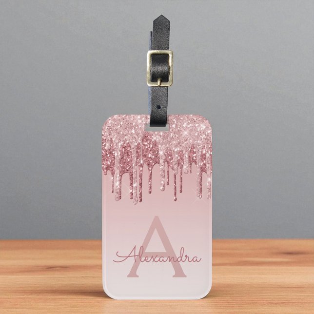 Ro Guld Gnistra Glitter Monogram Namn Bagagebricka (Skapare uppladdad)