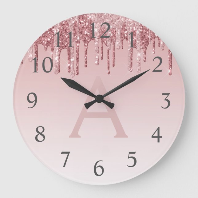 Ro Guld Gnistra Glitter Monogram Namn & Initial Stor Klocka (Framsida)