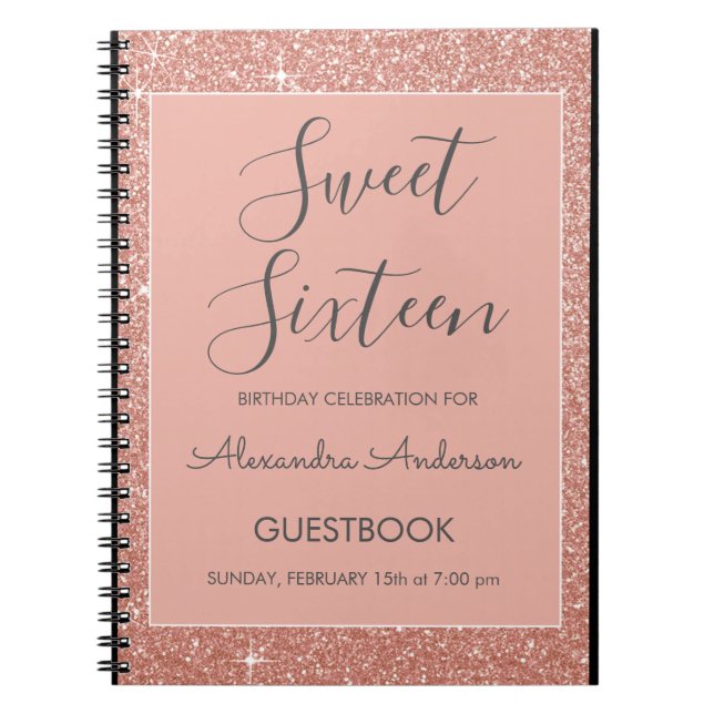 Ro Guld Gnistra Glitter Sweet 16 Guestbook Anteckningsbok (Framsidan)