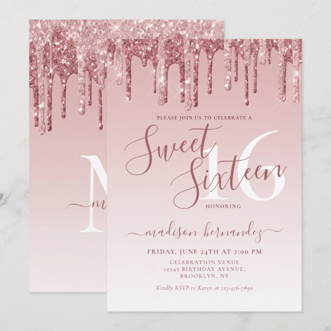 Ro Guld Gnistra Glitter Sweet sixteen födelsedag Inbjudningar (Fram/baksida)