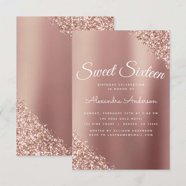 Ro Guld Gnistra Glitter Sweet sixteen födelsedag Inbjudningar (Fram/baksida)