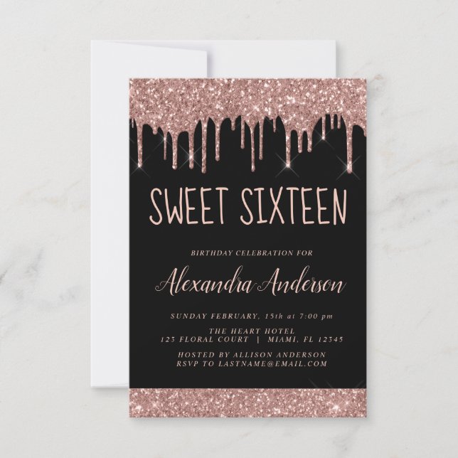 Ro Guld Gnistra Glitter Sweet sixteen födelsedag Inbjudningar (Framsida)