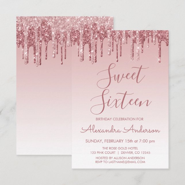 Ro Guld Gnistra Glitter Sweet sixteen födelsedag Inbjudningar (Fram/baksida)