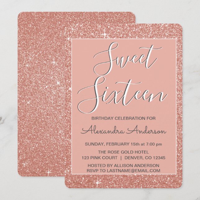 Ro Guld Gnistra Glitter Sweet sixteen födelsedag Inbjudningar (Fram/baksida)