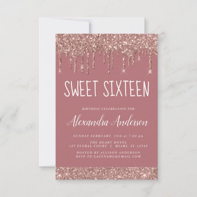 Ro Guld Gnistra Glitter Sweet sixteen födelsedag Inbjudningar (Framsida)