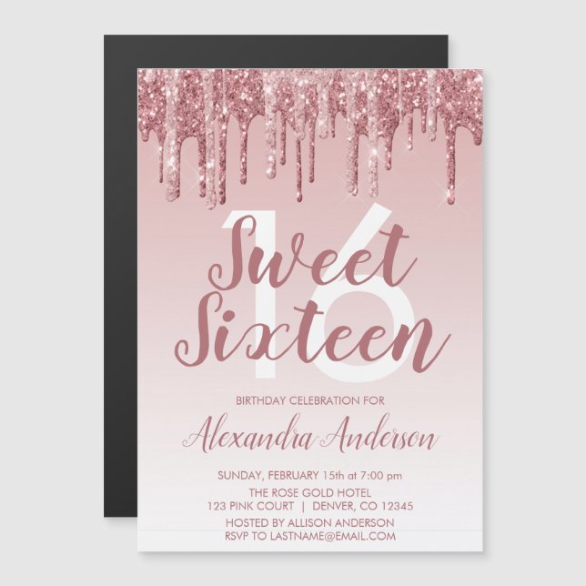 Ro Guld Gnistra Glitter Sweet sixteen födelsedag Magnetisk Inbjudningskort (Fram/baksida)