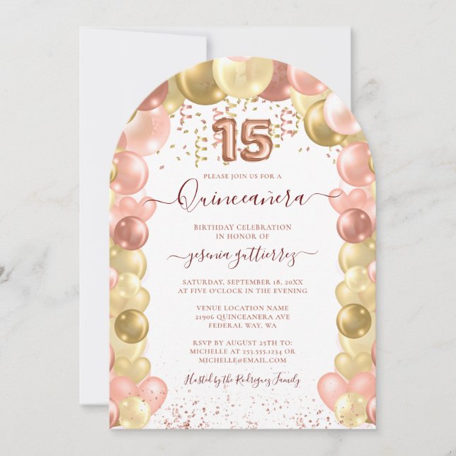 Ro Guld Gnistra Photo Quinceañera Balloon Inbjudningar (Framsida)