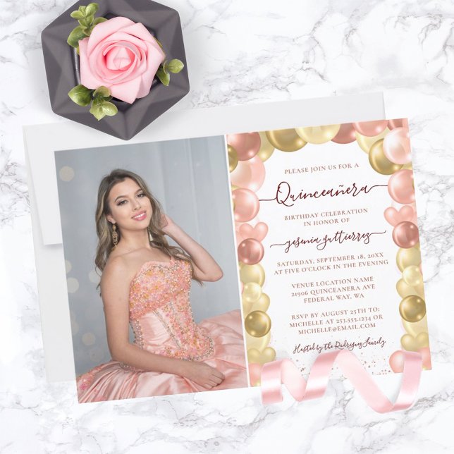 Ro Guld Gnistra Photo Quinceañera Balloon Inbjudningar (Skapare uppladdad)