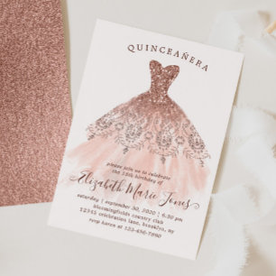 Ro Guld Gnistra Rosa Dress QUINCEAÑERA Birthday Inbjudningar