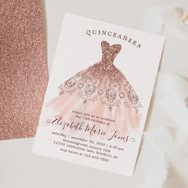 Ro Guld Gnistra Rosa Dress QUINCEAÑERA Birthday Inbjudningar (Skapare uppladdad)