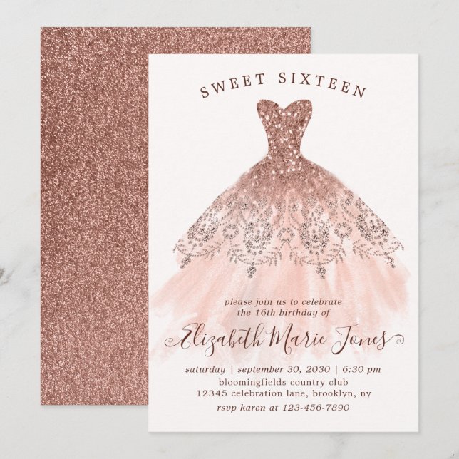 Ro Guld Gnistra Rosa Dress Sweet 16:e födelsedagen Inbjudningar (Fram/baksida)