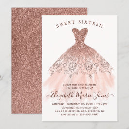 Ro Guld Gnistra Rosa Dress Sweet 16:e födelsedagen Inbjudningar