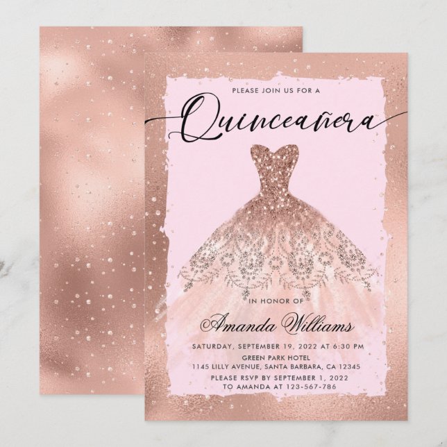 Ro Guld Gown Quinceañera Inbjudningar (Fram/baksida)
