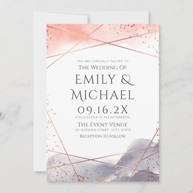 Ro Guld, grå vattenfärgsgeometrisk modern Bröllop Inbjudningar (Framsida)