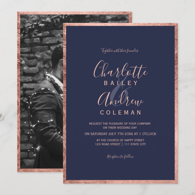 Ro guld gräns - blått skript, foto bröllop inbjudningar (Fram/baksida)