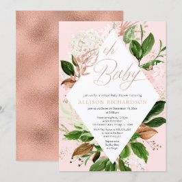 Ro guld grey blommigt Virtuell Baby Shower-flicka Inbjudningar