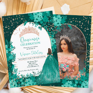 Ro guld grönt blommigt tiara princess Quinceanera Inbjudningar