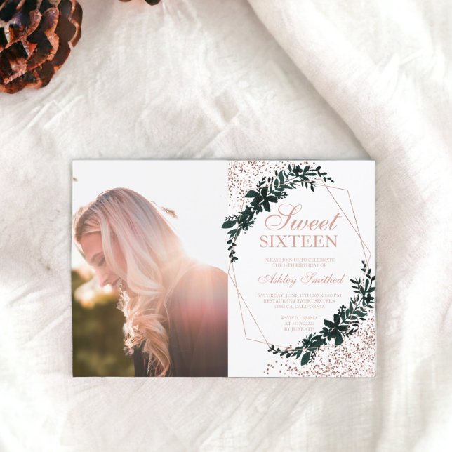 Ro guld grönt ram konetti-foto Söt 16 Inbjudningar (Rose gold frame green confetti photo Sweet 16 Invitation)