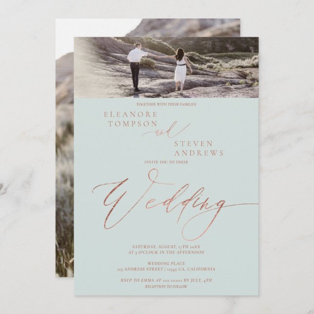 Ro guld grönt-skript elegant 2 foton bröllop inbjudningar (Fram/baksida)