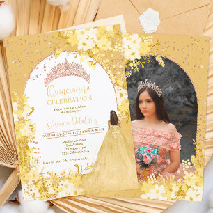 Ro guld gult blommigt tiara princess Quinceanera Inbjudningar