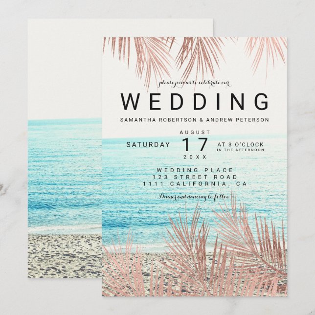 Ro guld handflatan träd elegant, strandfoto bröllo inbjudningar (Fram/baksida)