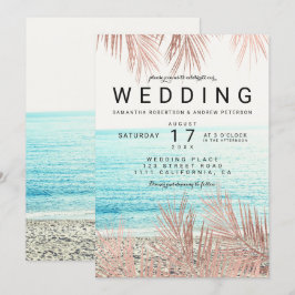 Ro guld handflatan träd elegant, strandfoto bröllo inbjudningar