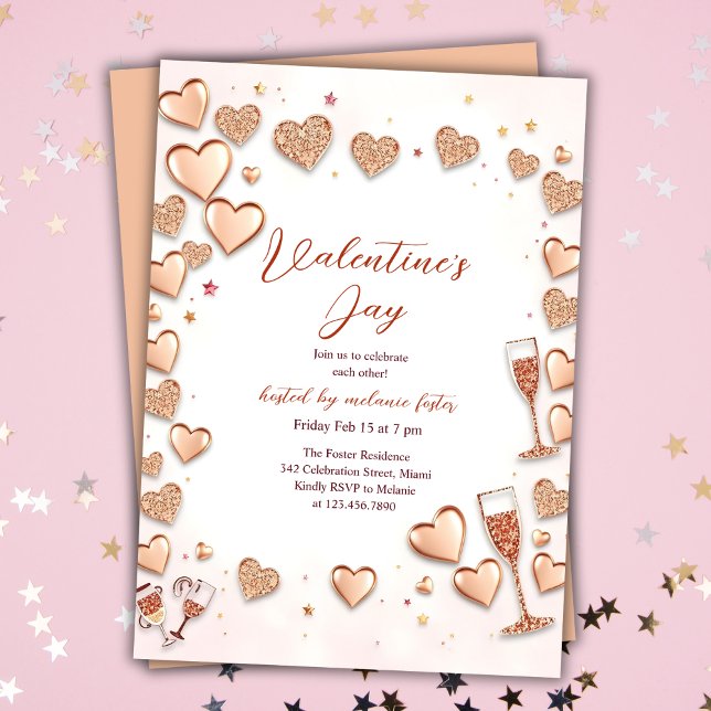 Ro Guld Hearts Champagne Alla hjärtans dag Party Inbjudningar (Rose Gold Hearts Champagne Valentine’s Day Party Invitation)
