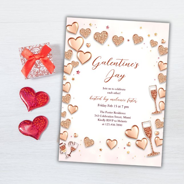 Ro Guld Hearts Champagne Galentine's Day Party Inbjudningar (Rose Gold Hearts Champagne Galentine’s Day Party Invitation)