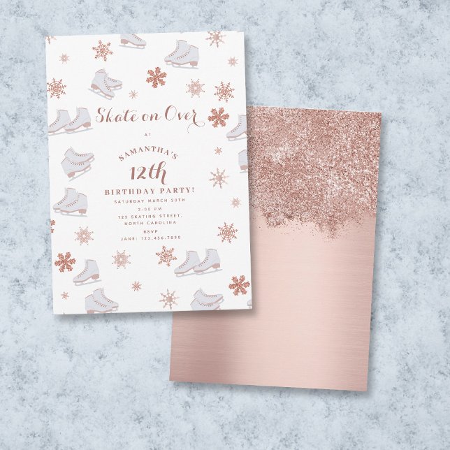 Ro Guld Ice Skates  Rosa Skal födelsedag Inbjudningar (Rose Gold Ice Skates Blush Pink Skating Birthday Invitation)