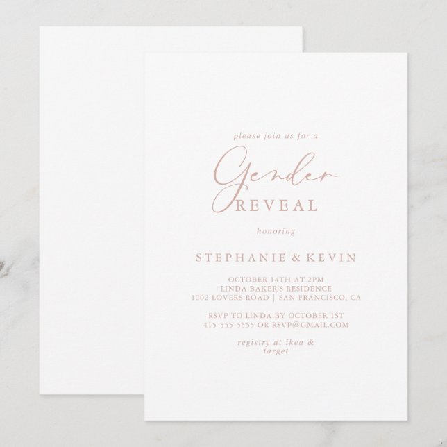 Ro Guld Idyllic Calligraphy Gender Reveal Party Inbjudningar (Fram/baksida)
